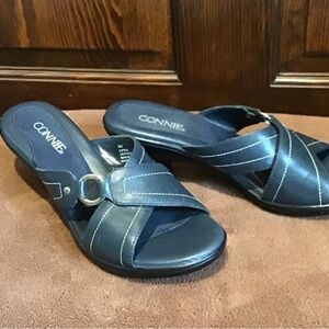 Connie Navy Crossover Slide Mules with Contrast Stitching